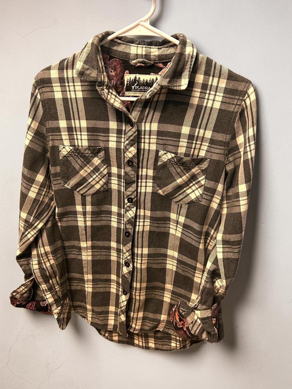 Pladra Every Day Flannel Shirt Owl Cabincore Gorpcore Black Plaid Womens Sz S